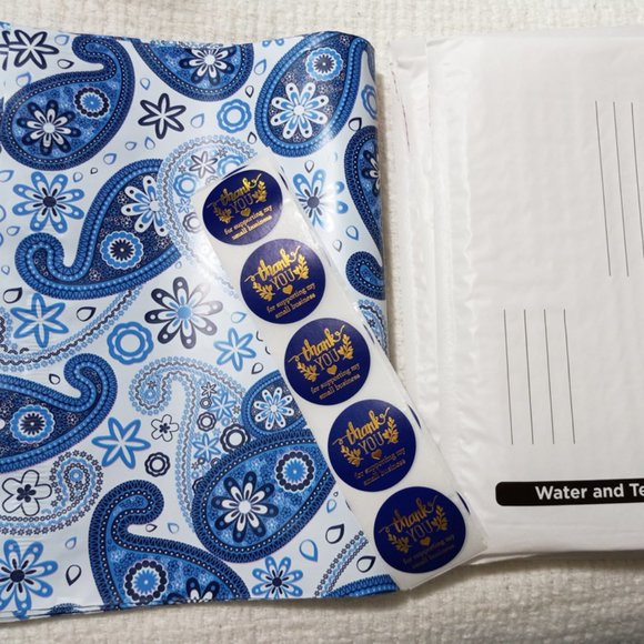 Blue Paisley Poly Mailer | Thank you Stickers | Bubble Mailer - Picture 1 of 5